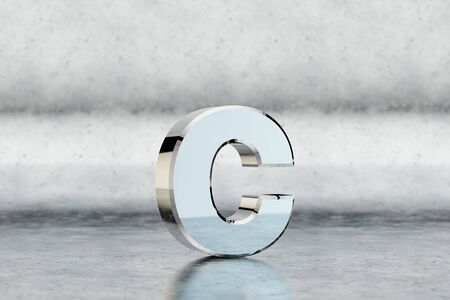 Chrome 3d letter C lowercase. Glossy chrome letter on scratched metal background. 3d rendered font character.の写真素材