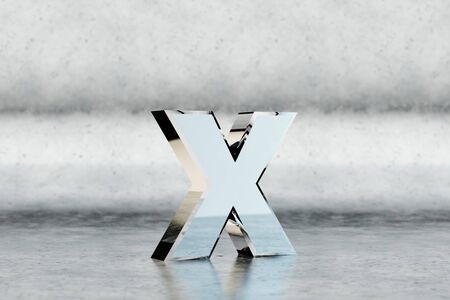 Chrome 3d letter X lowercase. Glossy chrome letter on scratched metal background. 3d rendered font character.の写真素材