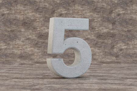 Concrete 3d number 5. Hard stone number on wooden background. 3d rendered font character.