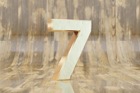 Gold 3d number 7. Golden number on glossy wet wooden background. 3d rendered font character.