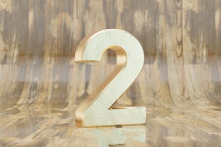 Gold 3d number 2. Golden number on glossy wet wooden background. 3d rendered font character.