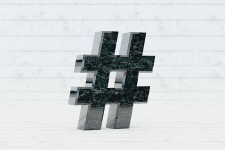 Marble 3d hashtag symbol. Dark green marble sign on white wood background. 3d render.の写真素材