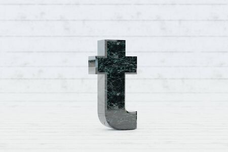 Marble 3d letter T lowercase. Dark green marble letter on white wood background. 3d render.の写真素材