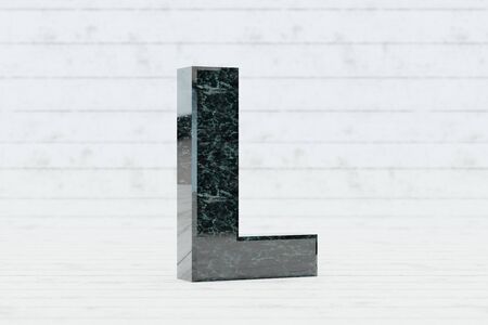 Marble 3d letter L uppercase. Dark green marble letter on white wood background. 3d render.の写真素材