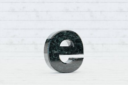 Marble 3d letter E lowercase. Dark green marble letter on white wood background. 3d rendered font character.の写真素材