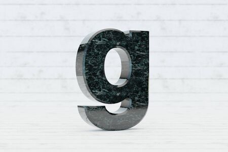 Marble 3d letter G lowercase. Dark green marble letter on white wood background. 3d rendered font character.の写真素材