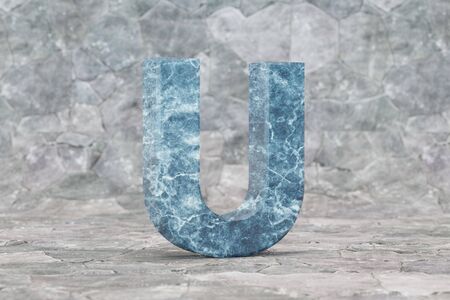 Marble 3d letter U uppercase. Blue marble letter on stone background. 3d rendered font character.の写真素材