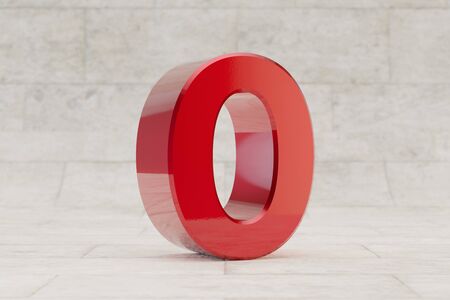Red 3d number 0. Glossy red metallic number on stone tile background. Shiny metal alphabet with...