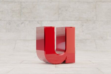Red 3d letter U lowercase. Glossy red metallic letter on stone tile background. Shiny metal alphabet...