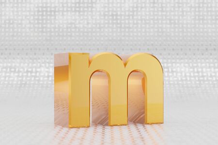 Yellow 3d letter M lowercase. Glossy yellow metallic letter on metal floor background. Shiny gold metal alphabet with studio light reflections. 3d rendered font character.の写真素材