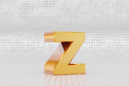 Yellow 3d letter Z lowercase. Glossy yellow metallic letter on metal floor background. Shiny gold metal alphabet with studio light reflections. 3d rendered font character.の写真素材