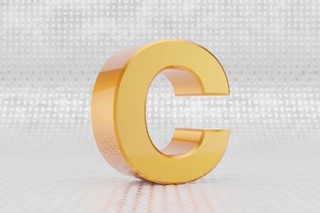 Yellow 3d letter C uppercase. Glossy yellow metallic letter on metal floor background. Shiny gold metal alphabet with studio light reflections. 3d rendered font character.の写真素材