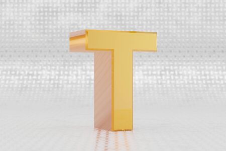 Yellow 3d letter T uppercase. Glossy yellow metallic letter on metal floor background. Shiny gold metal alphabet with studio light reflections. 3d rendered font character.の写真素材