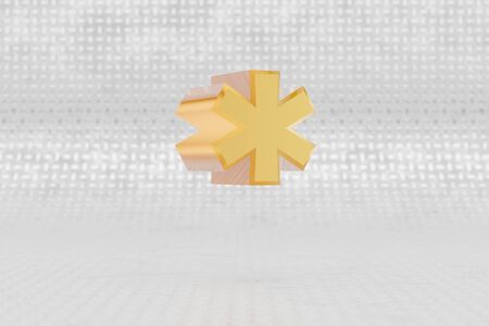 Yellow 3d asterisk symbol. Glossy yellow metallic sign on metal floor background. Shiny gold metal alphabet with studio light reflections. 3d rendered font character.の写真素材