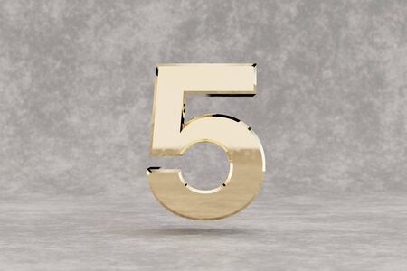 Gold 3d number 5. Glossy golden number on concrete background. Metallic digit with studio light...