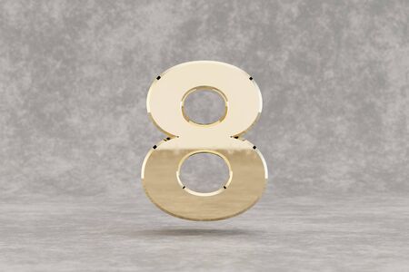 Gold 3d number 8. Glossy golden number on concrete background. Metallic digit with studio light...