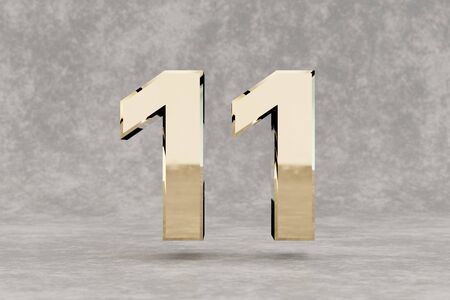 Gold 3d number 11. Glossy golden number on concrete background. Metallic digit with studio light...