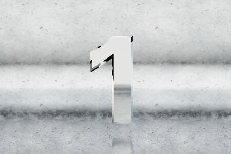 Chrome 3d number 1. Glossy chrome number on scratched metal background. Metallic digit with studio light reflections. 3d render.の写真素材