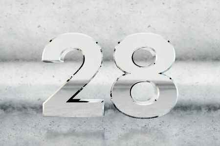 Chrome 3d number 28. Glossy chrome number on scratched metal background. Metallic digit with studio light reflections. 3d render.の写真素材