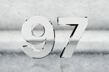 Chrome 3d number 97. Glossy chrome number on scratched metal background. Metallic digit with studio light reflections. 3d render.の写真素材