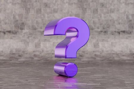 Violet 3d question symbol. Glossy indigo sign on tile background. Metallic alphabet with studio...