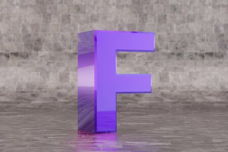 Violet 3d letter F uppercase. Glossy indigo letter on tile background. Metallic alphabet with studio light reflections. 3d rendered font character.の写真素材