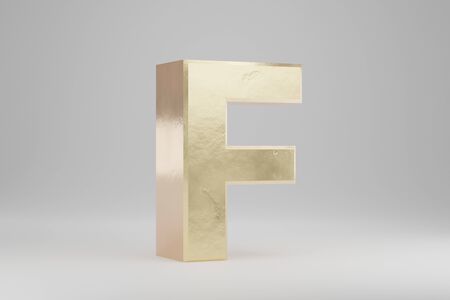 Gold 3d letter F uppercase. Golden letter isolated on white background. Golden alphabet with imperfections. 3d rendered font character.の写真素材