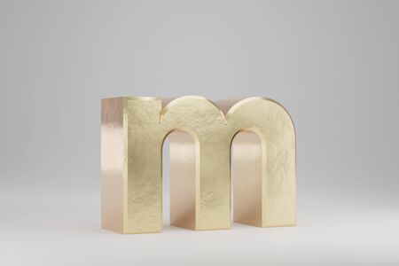 Gold 3d letter M lowercase. Golden letter isolated on white background. Golden alphabet with imperfections. 3d rendered font character.の写真素材