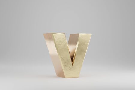 Gold 3d letter V lowercase. Golden letter isolated on white background. Golden alphabet with imperfections. 3d rendered font character.の写真素材