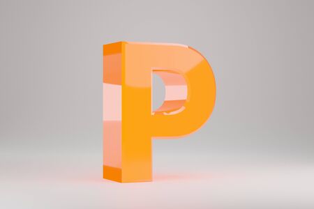 Neon 3d letter P uppercase. Yellow neon letter isolated on white background. Glossy yellow neon glowing alphabet. 3d rendered font character.の写真素材