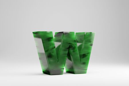 Jade 3d letter W lowercase. Jade letter isolated on white background. Green jade semitransparent stone alphabet. 3d rendered font character.の写真素材