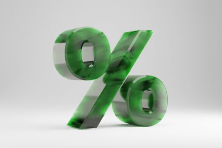 Jade 3d percent symbol. Jade sign isolated on white background. Green jade semitransparent stone alphabet. 3d rendered font character.の写真素材