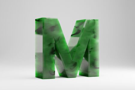 Jade 3d letter M uppercase. Jade letter isolated on white background. Green jade semitransparent stone alphabet. 3d rendered font character.の写真素材