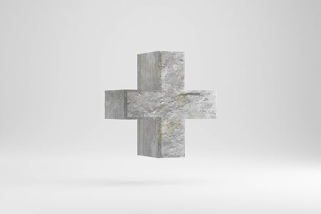 Stone 3d plus symbol. Rock textured sign isolated on white background. 3d render.の写真素材