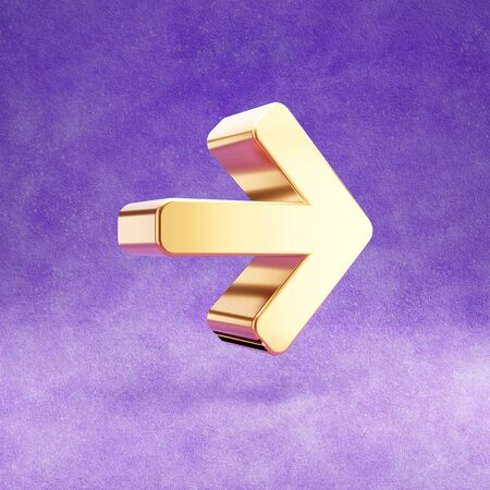 Arrow right icon. Gold glossy Arrow right symbol isolated on violet velvet background.