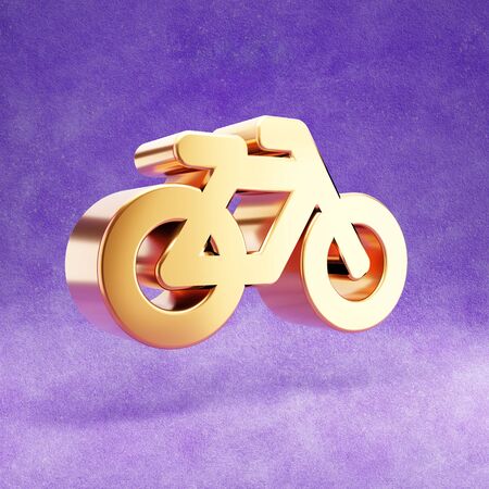 Bicycle icon. Gold glossy Bicycle symbol isolated on violet velvet background.の写真素材