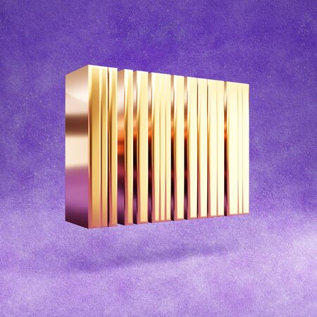 Barcode icon. Gold glossy Barcode symbol isolated on violet velvet background.