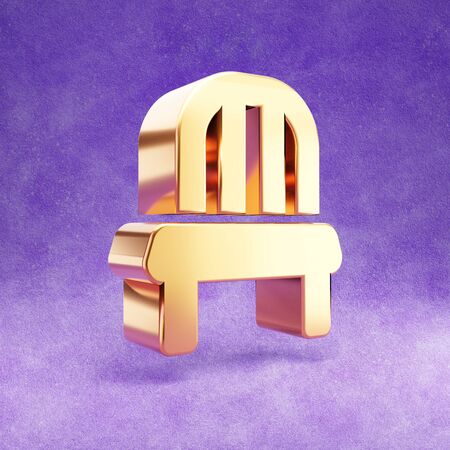 Chair icon. Gold glossy Chair symbol isolated on violet velvet background.の写真素材