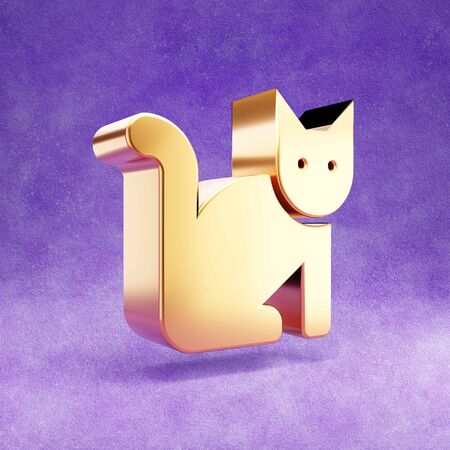 Cat icon. Gold glossy Cat symbol isolated on violet velvet background.の写真素材