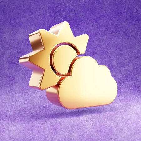 Cloudy sunny icon. Gold glossy cloud with sun symbol isolated on violet velvet background.の写真素材