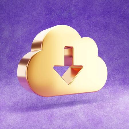 Download from cloud icon. Gold glossy Download from cloud storage symbol isolated on violet velvet background.の写真素材