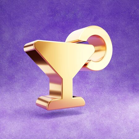 Cocktail icon. Gold glossy Cocktail symbol isolated on violet velvet background. Modern icon for website, social media, presentation, design template element. 3D render.の写真素材