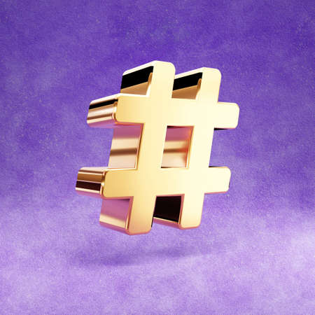 Hashtag icon. Gold glossy Hashtag symbol isolated on violet velvet background. Modern icon for...