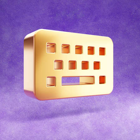Keyboard icon. Gold glossy Keyboard symbol isolated on violet velvet background. Modern icon for website, social media, presentation, design template element. 3D render.の写真素材