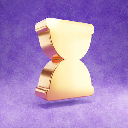 Sand clock icon. Gold glossy hourglass symbol isolated on violet velvet background.Modern icon for website, social media, presentation, design template element. 3D render.の写真素材