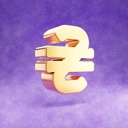 Hryvnia icon. Gold glossy Hryvnia symbol isolated on violet velvet background. Modern icon for website, social media, presentation, design template element. 3D render.の写真素材