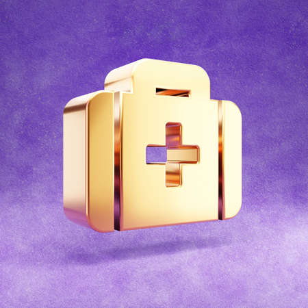 Medkit icon. Gold glossy Medkit symbol isolated on violet velvet background. Modern icon for website, social media, presentation, design template element. 3D render.の写真素材