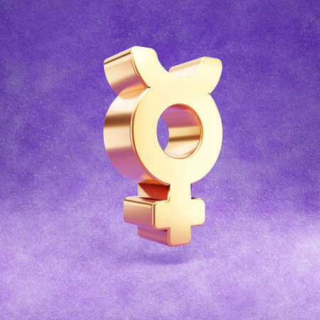 Mercury icon. Gold glossy Mercury symbol isolated on violet velvet background. Modern icon for website, social media, presentation, design template element. 3D render.の写真素材