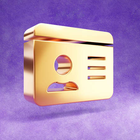 ID badge icon. Gold glossy ID badge symbol isolated on violet velvet background. Modern icon for website, social media, presentation, design template element. 3D render.の写真素材