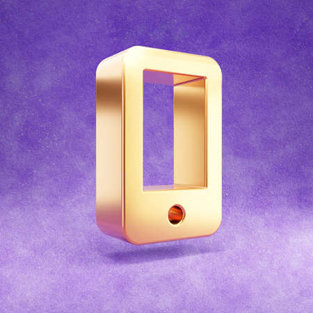Smartphone icon. Gold glossy Smartphone symbol isolated on violet velvet background. Modern icon for website, social media, presentation, design template element. 3D render.の写真素材